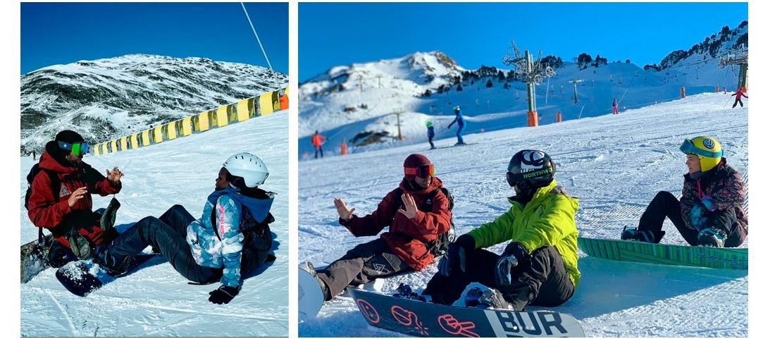 Instructores de Aran Days con alumnos sentados en la nieve durante una clase de snowboard en Baqueira Beret